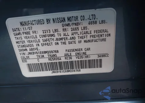 2008 Infiniti G35 Journey from USA, damaged, VIN JNKBV61E68M209768